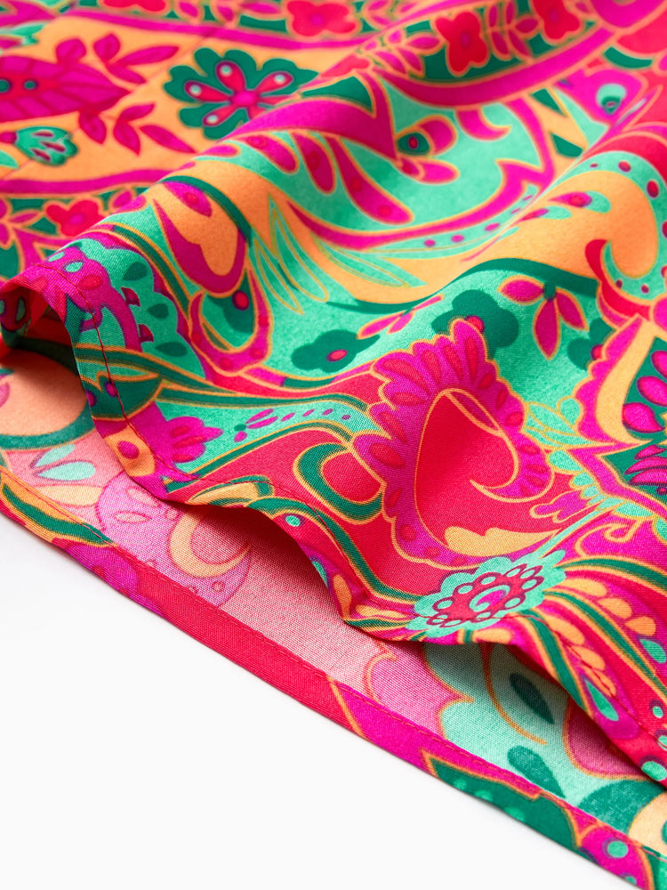 Family Matching Outfit Set Sleeveless Halter Belted Dress or Short-sleeve Collar Shirt   for Summer Vacation  Hot Pink