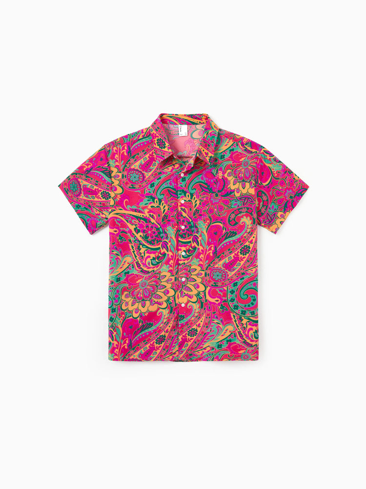 Family Matching Outfit Set Sleeveless Halter Belted Dress or Short-sleeve Collar Shirt   for Summer Vacation  Hot Pink