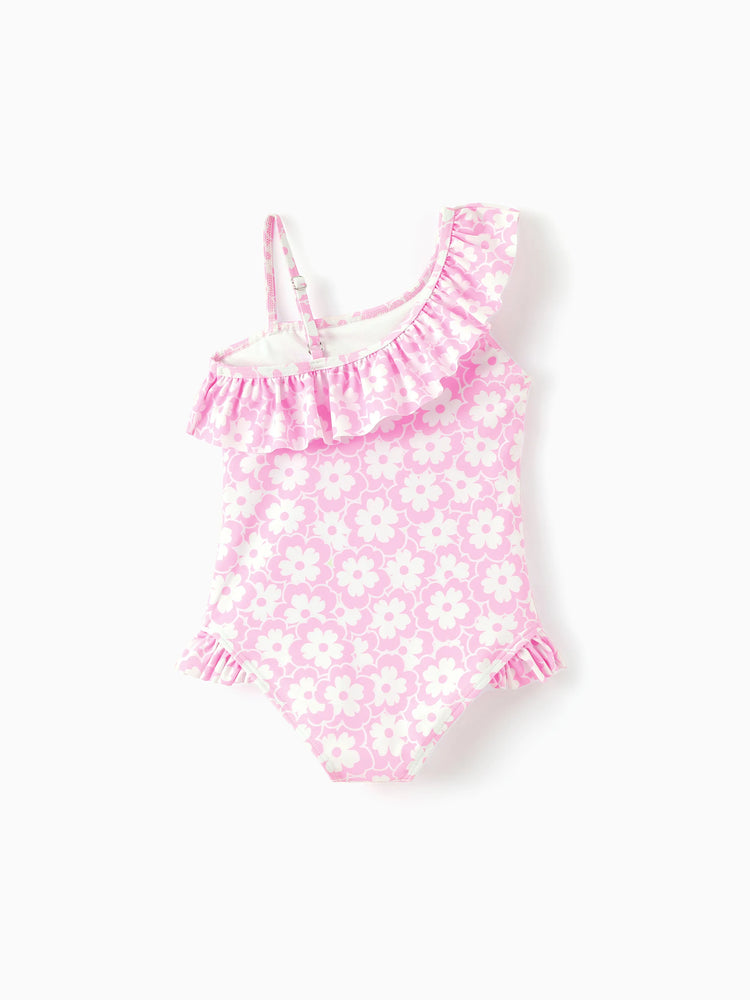 Disney Princess Toddler/Kid Girl Snow White/Cinderella/Aurora/Belle/Jasmine/ UPF50+ Ruffled One-shoulder Swimsuit Pink