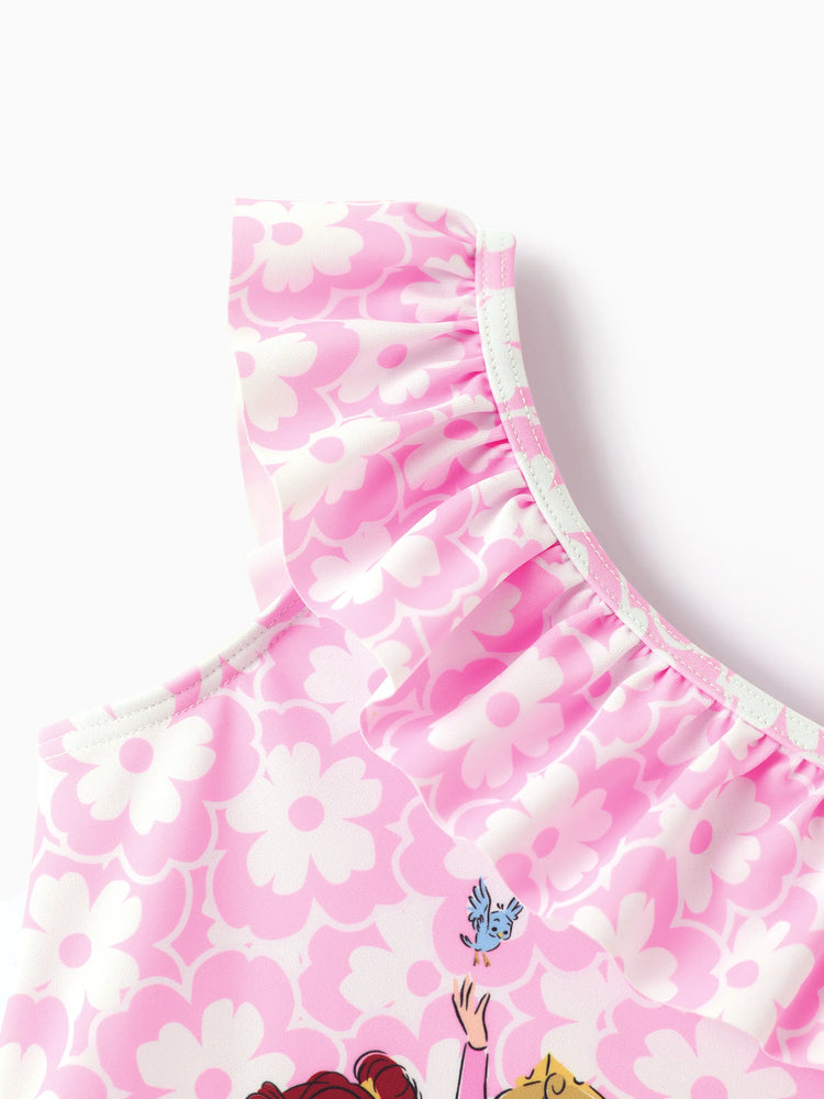 Disney Princess Toddler/Kid Girl Snow White/Cinderella/Aurora/Belle/Jasmine/ UPF50+ Ruffled One-shoulder Swimsuit Pink