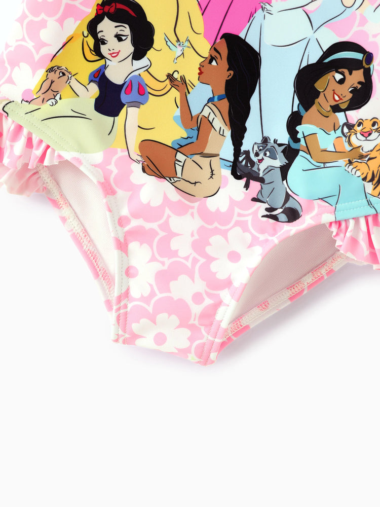 Disney Princess Toddler/Kid Girl Snow White/Cinderella/Aurora/Belle/Jasmine/ UPF50+ Ruffled One-shoulder Swimsuit Pink