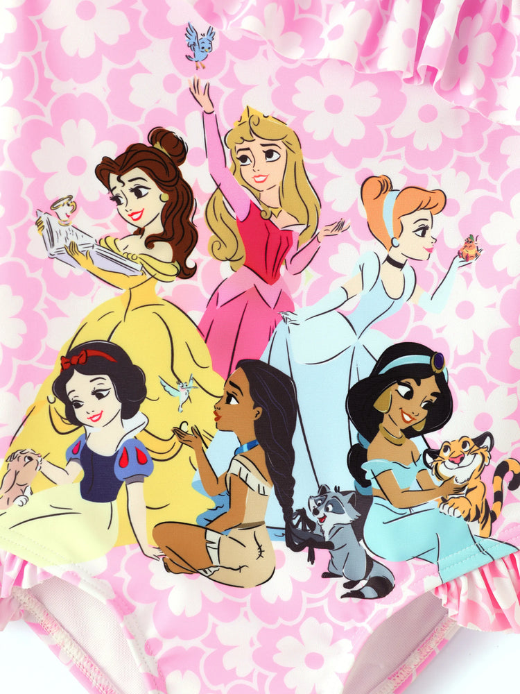 Disney Princess Toddler/Kid Girl Snow White/Cinderella/Aurora/Belle/Jasmine/ UPF50+ Ruffled One-shoulder Swimsuit Pink