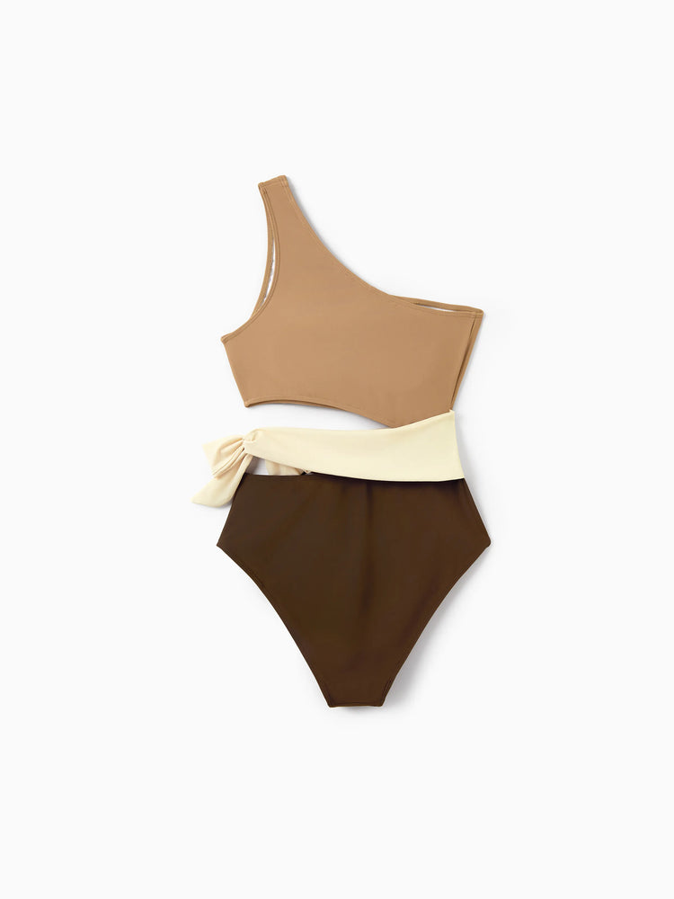 Mommy & me Color Block Swimsuits, Mommy and Me One-Shoulder Cutout Bikini Set Summer Beach Vacation Swimwear Coffee