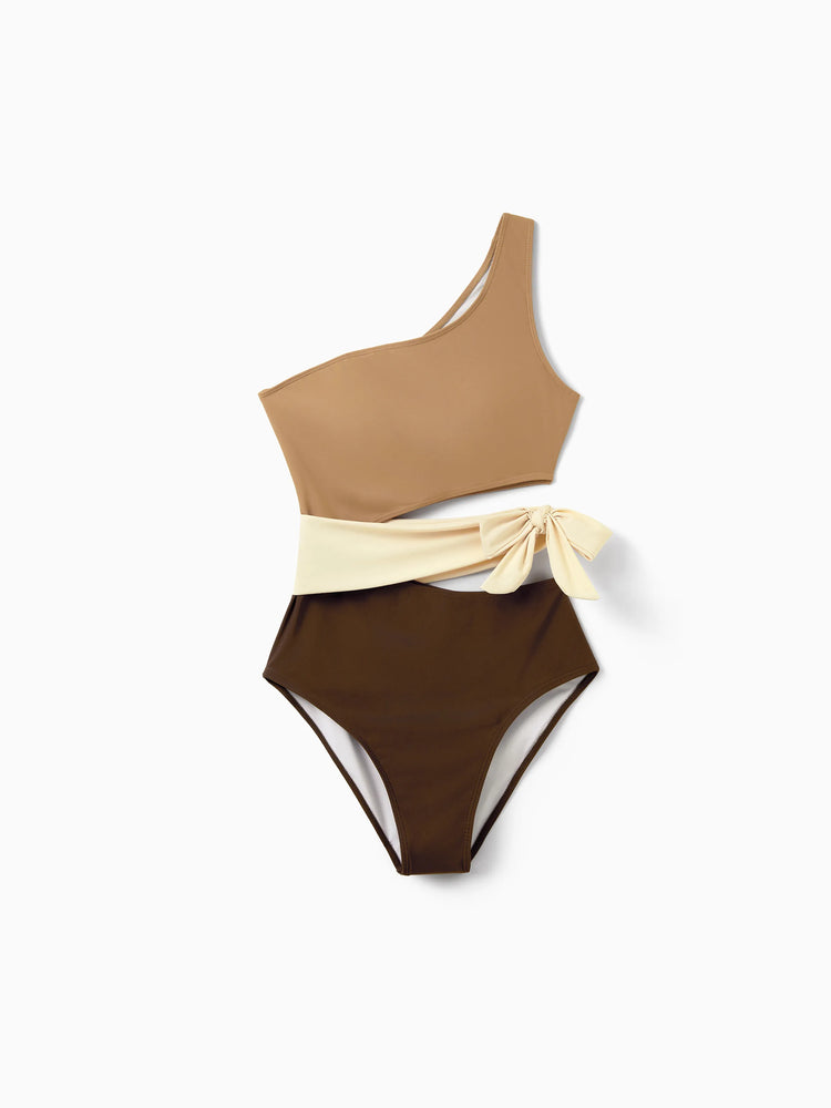 Mommy & me Color Block Swimsuits, Mommy and Me One-Shoulder Cutout Bikini Set Summer Beach Vacation Swimwear Coffee