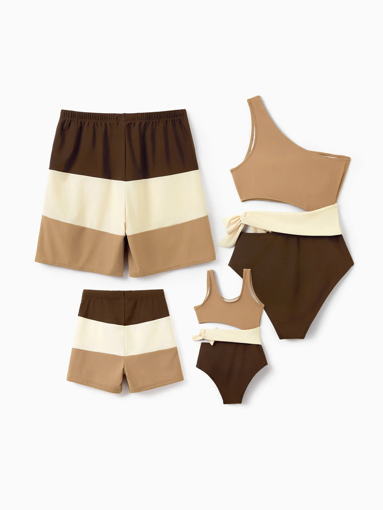 Family Matching Color Block Swimsuits, Mommy and Me One-Shoulder Cutout Bikini Set, Daddy and Son Color Block Swim Trunks, Summer Beach Vacation Swimwear Coffee
