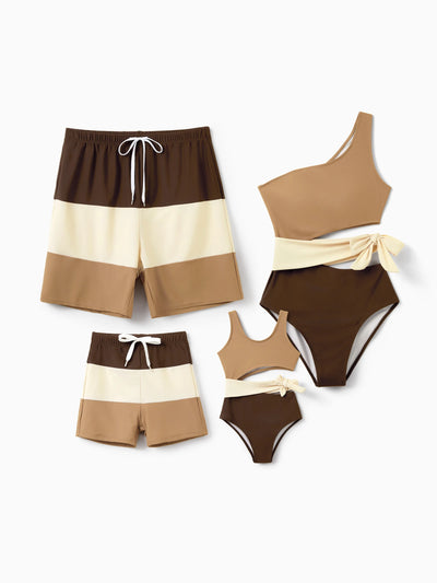 Family Matching Color Block Swimsuits, Mommy and Me One-Shoulder Cutout Bikini Set, Daddy and Son Color Block Swim Trunks, Summer Beach Vacation Swimwear Coffee