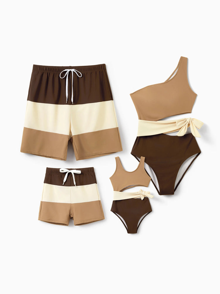 Daddy & Daughter Color Block Swimsuits Summer Beach Vacation Swimwear Coffee