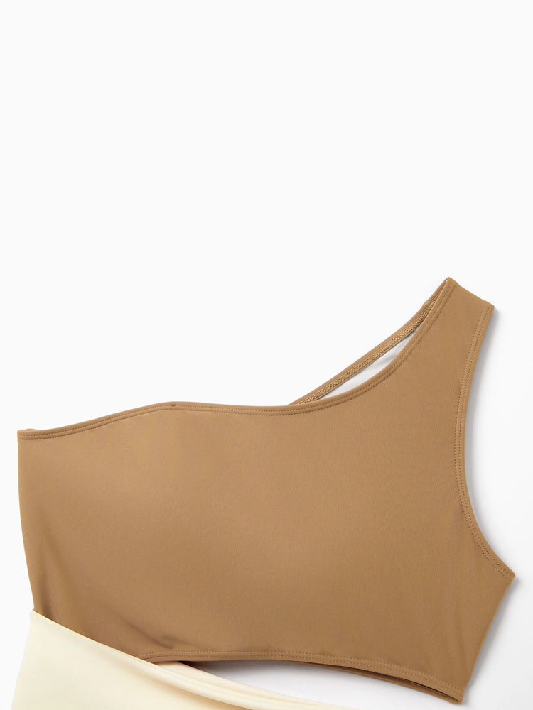 Family Matching Color Block Swimsuits, Mommy and Me One-Shoulder Cutout Bikini Set, Daddy and Son Color Block Swim Trunks, Summer Beach Vacation Swimwear Coffee