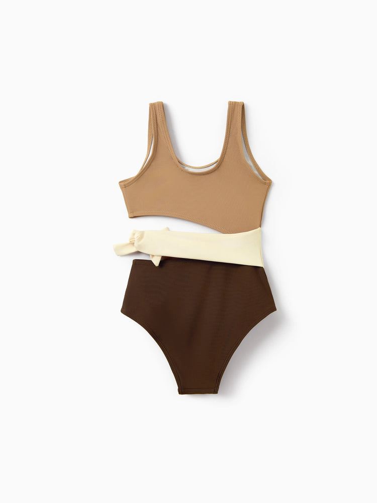 Family Matching Color Block Swimsuits, Mommy and Me One-Shoulder Cutout Bikini Set, Daddy and Son Color Block Swim Trunks, Summer Beach Vacation Swimwear Coffee
