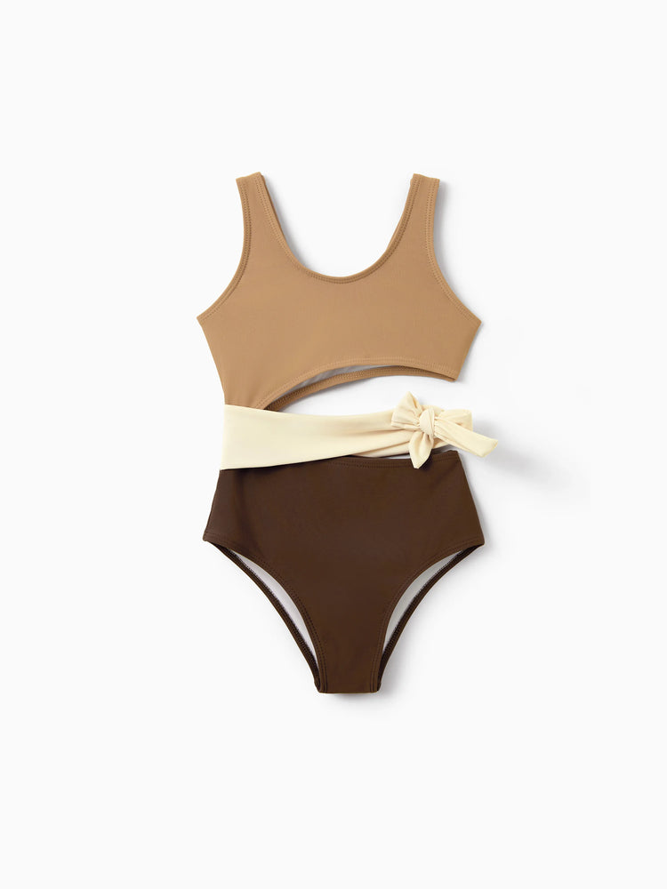 Family Matching Color Block Swimsuits, Mommy and Me One-Shoulder Cutout Bikini Set, Daddy and Son Color Block Swim Trunks, Summer Beach Vacation Swimwear Coffee