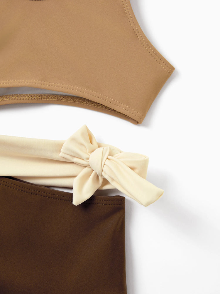 Mommy & me Color Block Swimsuits, Mommy and Me One-Shoulder Cutout Bikini Set Summer Beach Vacation Swimwear Coffee