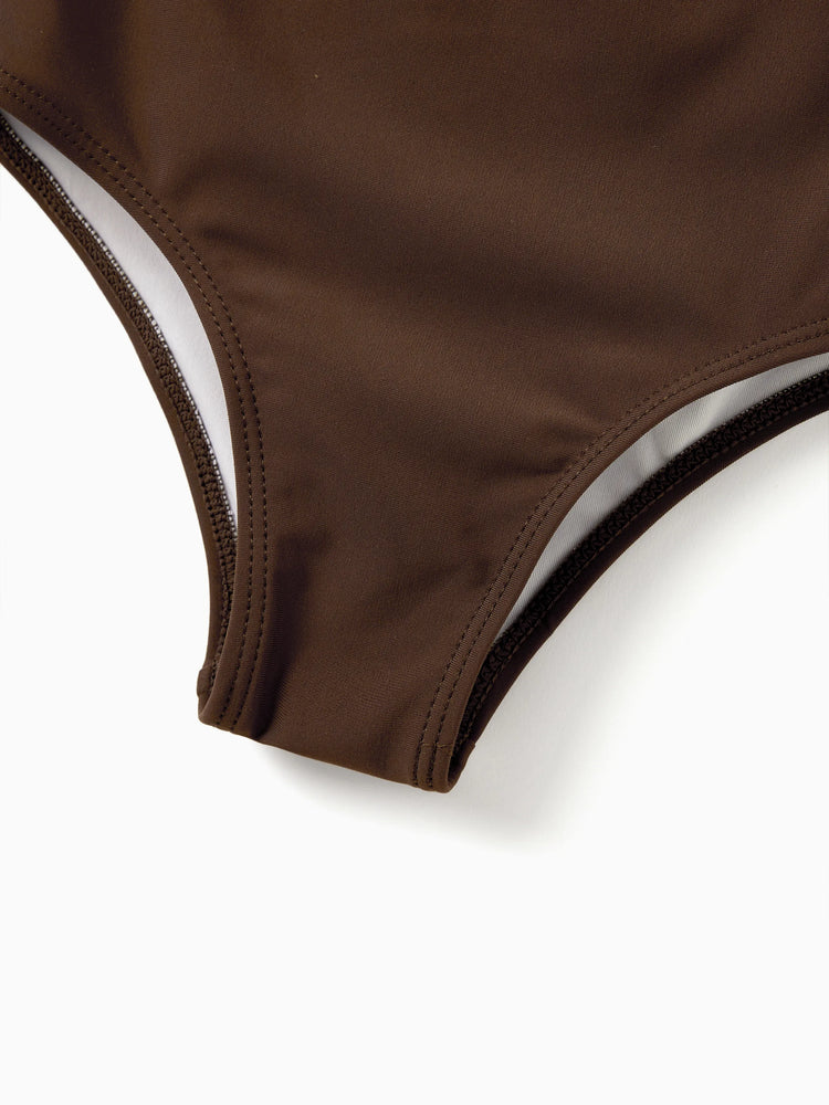 Family Matching Color Block Swimsuits, Mommy and Me One-Shoulder Cutout Bikini Set, Daddy and Son Color Block Swim Trunks, Summer Beach Vacation Swimwear Coffee