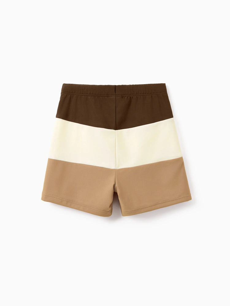 Family Matching Color Block Swimsuits, Mommy and Me One-Shoulder Cutout Bikini Set, Daddy and Son Color Block Swim Trunks, Summer Beach Vacation Swimwear Coffee