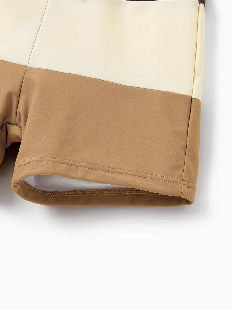 Family Matching Color Block Swimsuits, Mommy and Me One-Shoulder Cutout Bikini Set, Daddy and Son Color Block Swim Trunks, Summer Beach Vacation Swimwear Coffee