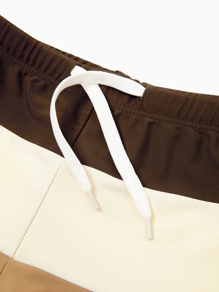 Family Matching Color Block Swimsuits, Mommy and Me One-Shoulder Cutout Bikini Set, Daddy and Son Color Block Swim Trunks, Summer Beach Vacation Swimwear Coffee