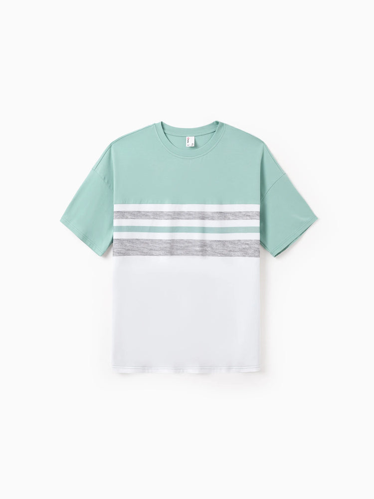 Family Matching T-Shirt & Dress Set Polka Dot Puff-sleeve Dress for Mom, Daughter & Baby, Color Block Cotton Tee for Dad & Son, Perfect for Family Outings & Photos Light Green