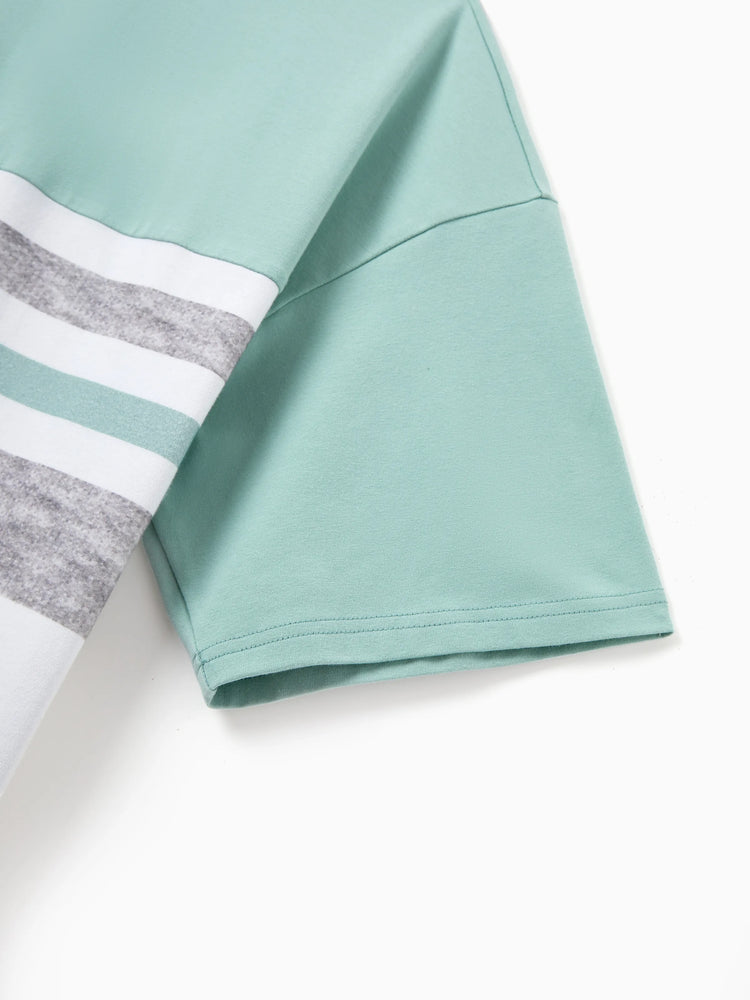 Family Matching T-Shirt & Dress Set Polka Dot Puff-sleeve Dress for Mom, Daughter & Baby, Color Block Cotton Tee for Dad & Son, Perfect for Family Outings & Photos Light Green