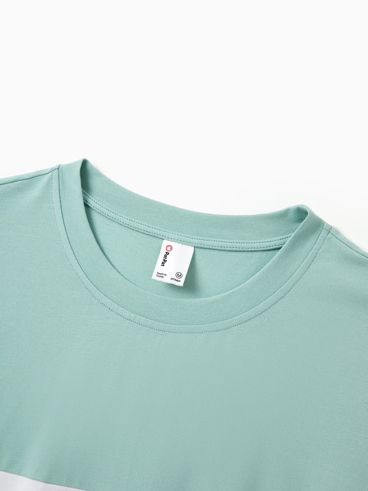 Family Matching T-Shirt & Dress Set Polka Dot Puff-sleeve Dress for Mom, Daughter & Baby, Color Block Cotton Tee for Dad & Son, Perfect for Family Outings & Photos Light Green