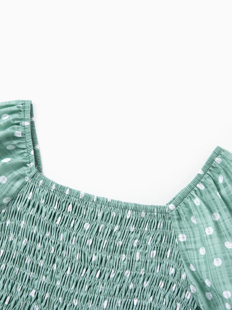 Family Matching T-Shirt & Dress Set Polka Dot Puff-sleeve Dress for Mom, Daughter & Baby, Color Block Cotton Tee for Dad & Son, Perfect for Family Outings & Photos Light Green