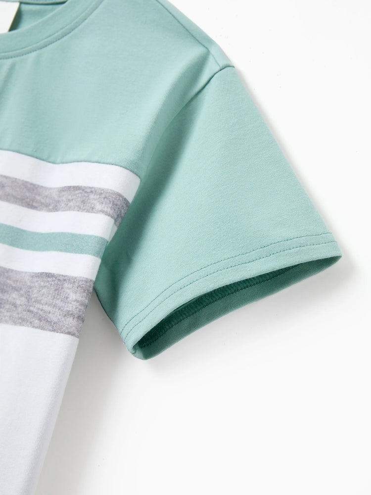 Family Matching T-Shirt & Dress Set Polka Dot Puff-sleeve Dress for Mom, Daughter & Baby, Color Block Cotton Tee for Dad & Son, Perfect for Family Outings & Photos Light Green