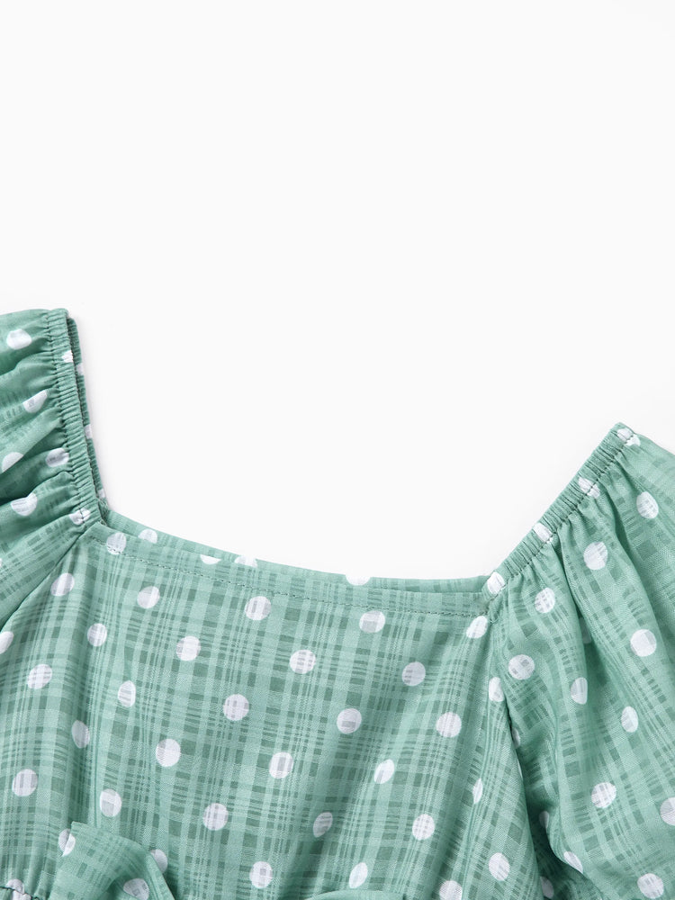 Family Matching T-Shirt & Dress Set Polka Dot Puff-sleeve Dress for Mom, Daughter & Baby, Color Block Cotton Tee for Dad & Son, Perfect for Family Outings & Photos Light Green