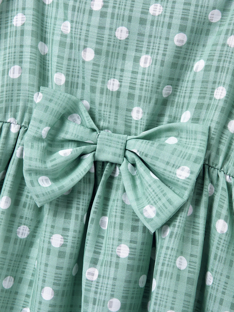 Family Matching T-Shirt & Dress Set Polka Dot Puff-sleeve Dress for Mom, Daughter & Baby, Color Block Cotton Tee for Dad & Son, Perfect for Family Outings & Photos Light Green