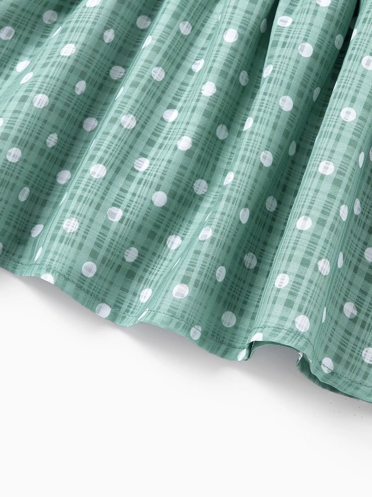 Family Matching T-Shirt & Dress Set Polka Dot Puff-sleeve Dress for Mom, Daughter & Baby, Color Block Cotton Tee for Dad & Son, Perfect for Family Outings & Photos Light Green