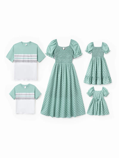 Family Matching T-Shirt & Dress Set Polka Dot Puff-sleeve Dress for Mom, Daughter & Baby, Color Block Cotton Tee for Dad & Son, Perfect for Family Outings & Photos Light Green