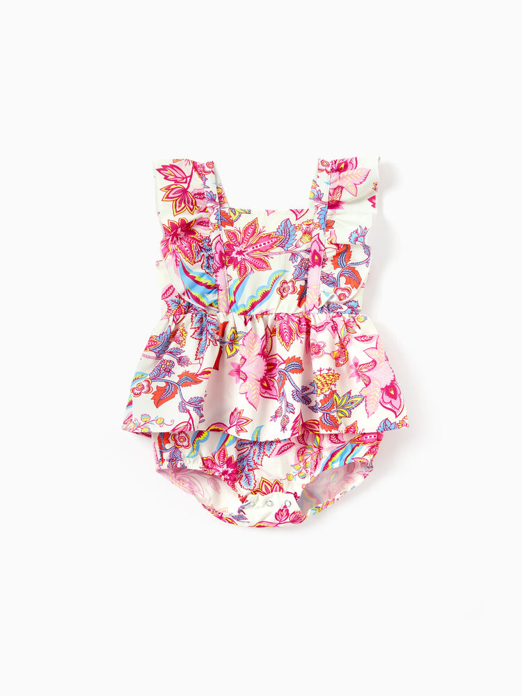 Family Matching Outfits Set Tropical Flora Print Short-sleeve Collar Shirt or Halter Belted Dress for Summer Vacation Beige