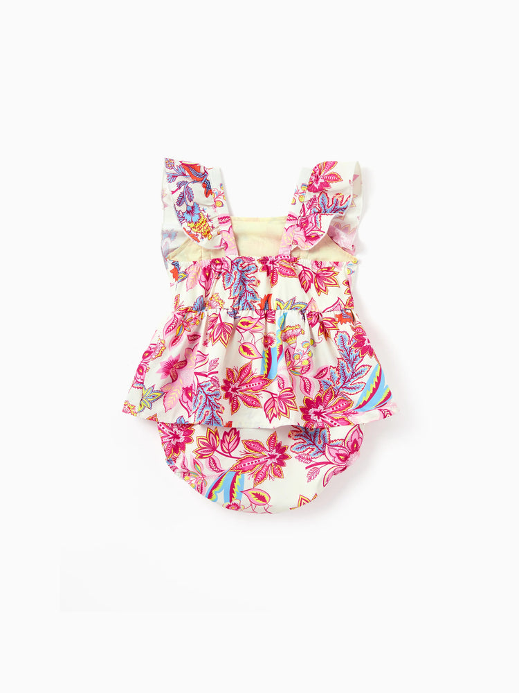 Family Matching Outfits Set Tropical Flora Print Short-sleeve Collar Shirt or Halter Belted Dress for Summer Vacation Beige