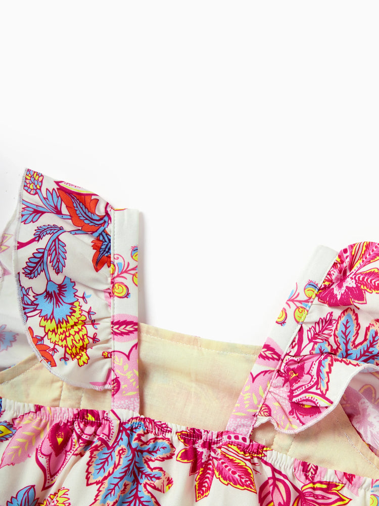 Family Matching Outfits Set Tropical Flora Print Short-sleeve Collar Shirt or Halter Belted Dress for Summer Vacation Beige