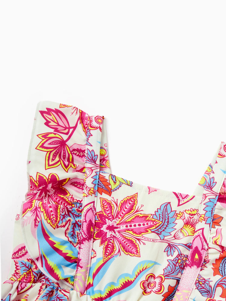 Family Matching Outfits Set Tropical Flora Print Short-sleeve Collar Shirt or Halter Belted Dress for Summer Vacation Beige