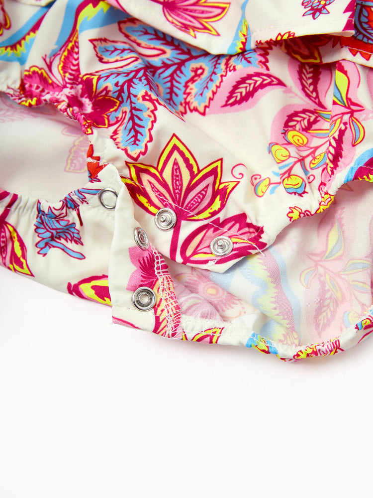 Family Matching Outfits Set Tropical Flora Print Short-sleeve Collar Shirt or Halter Belted Dress for Summer Vacation Beige