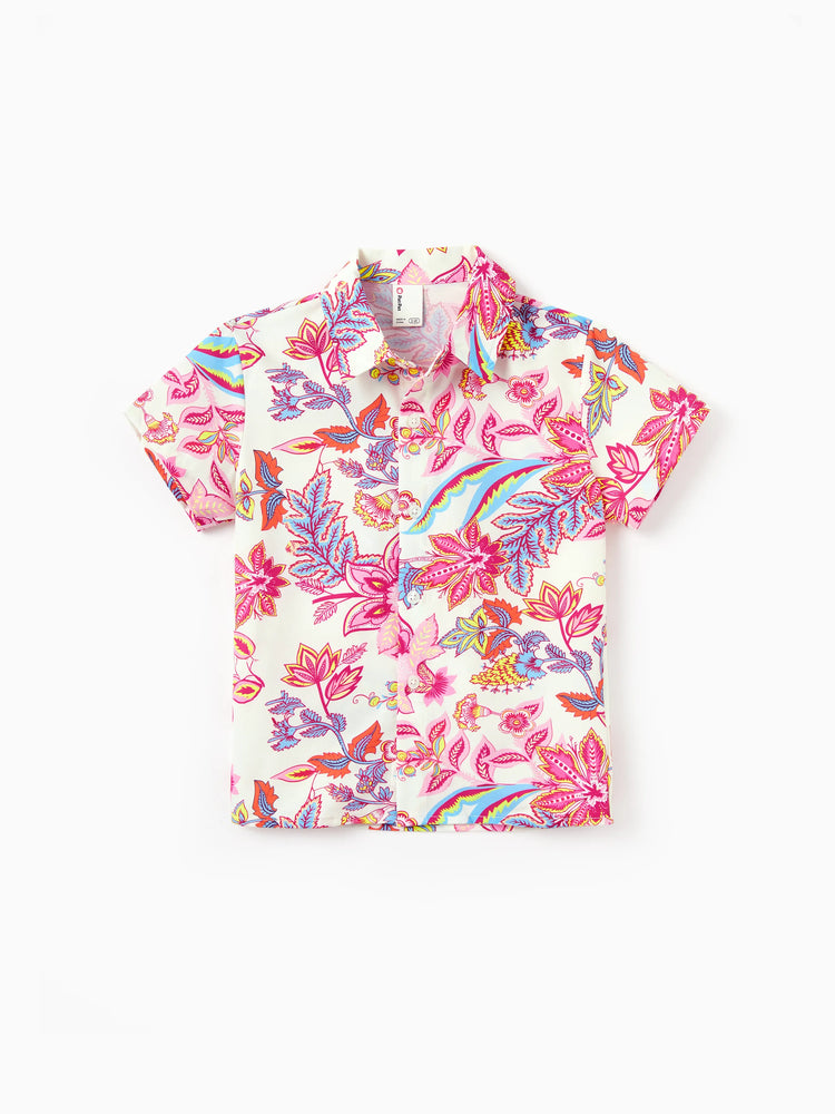 Family Matching Outfits Set Tropical Flora Print Short-sleeve Collar Shirt or Halter Belted Dress for Summer Vacation Beige