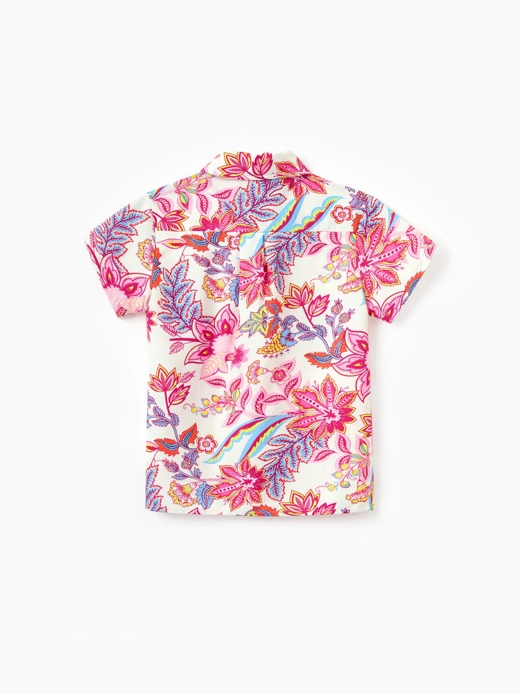 Daddy & Son Outfits Set Tropical Flora Print Short-sleeve Collar Shirt or Halter Belted Dress for Summer Vacation Beige