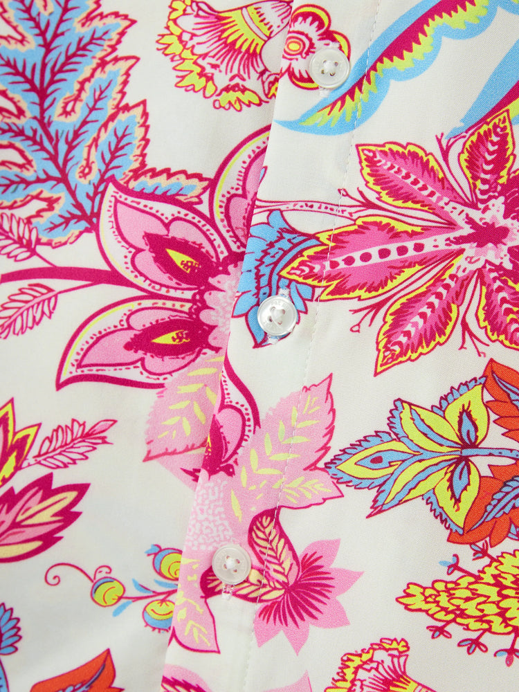 Daddy & Son Outfits Set Tropical Flora Print Short-sleeve Collar Shirt or Halter Belted Dress for Summer Vacation Beige