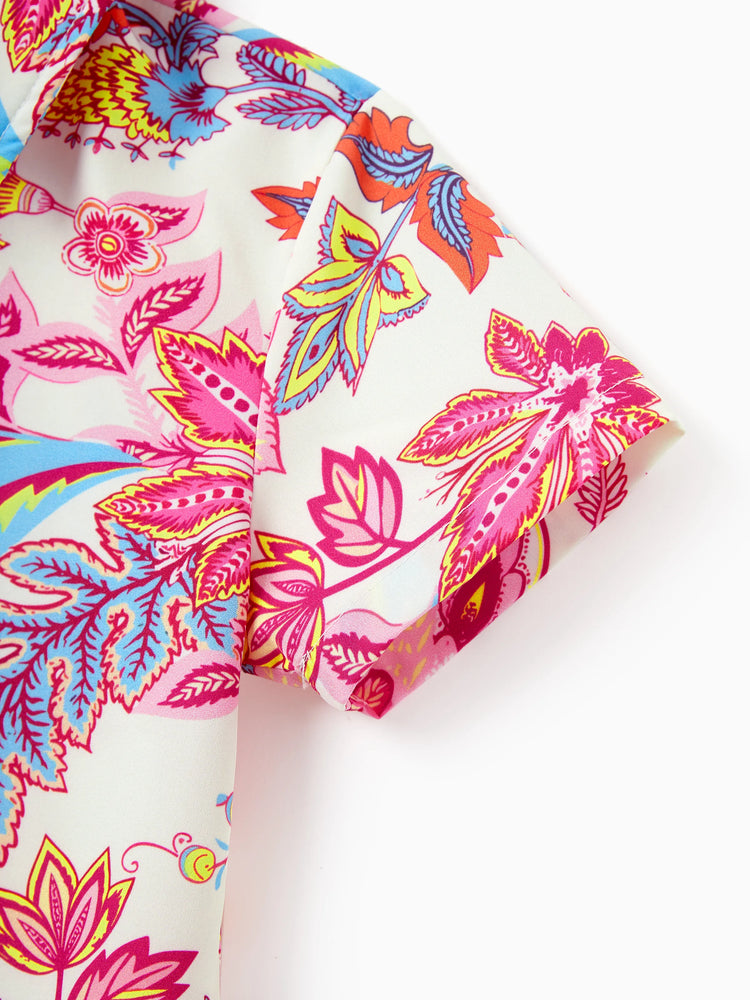 Family Matching Outfits Set Tropical Flora Print Short-sleeve Collar Shirt or Halter Belted Dress for Summer Vacation Beige