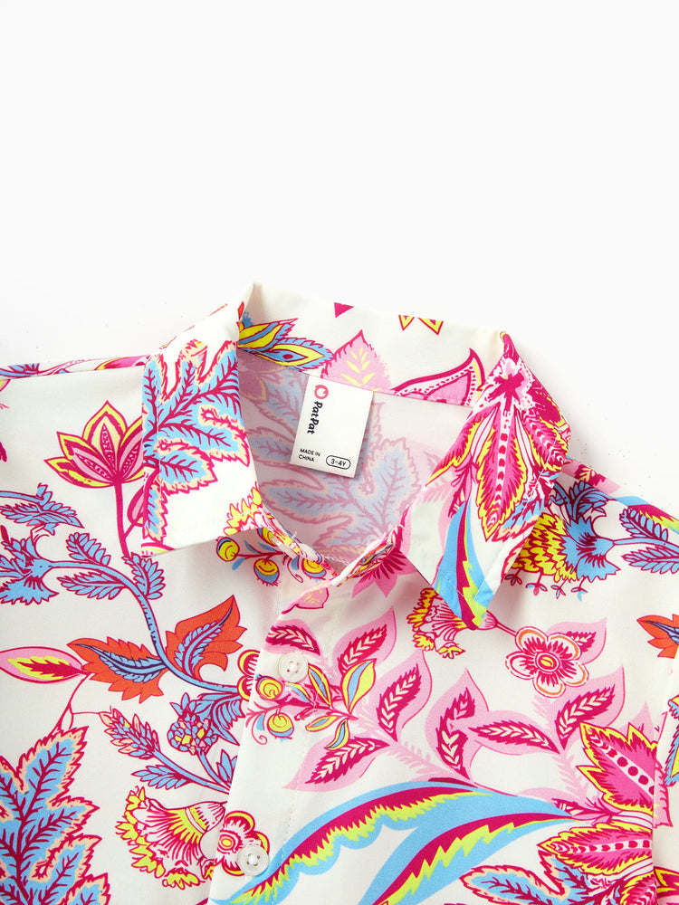 Daddy & Son Outfits Set Tropical Flora Print Short-sleeve Collar Shirt or Halter Belted Dress for Summer Vacation Beige