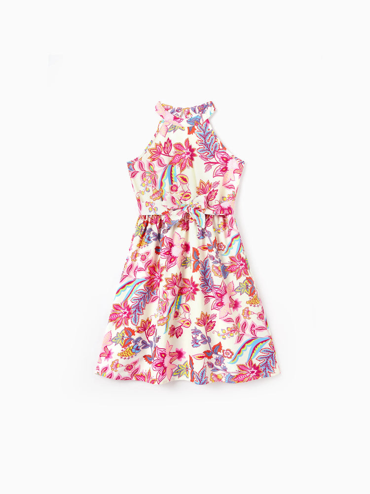 Toddler/Kid Girl Tropical Flora Print Halter Belted Dress for Summer Vacation Beige