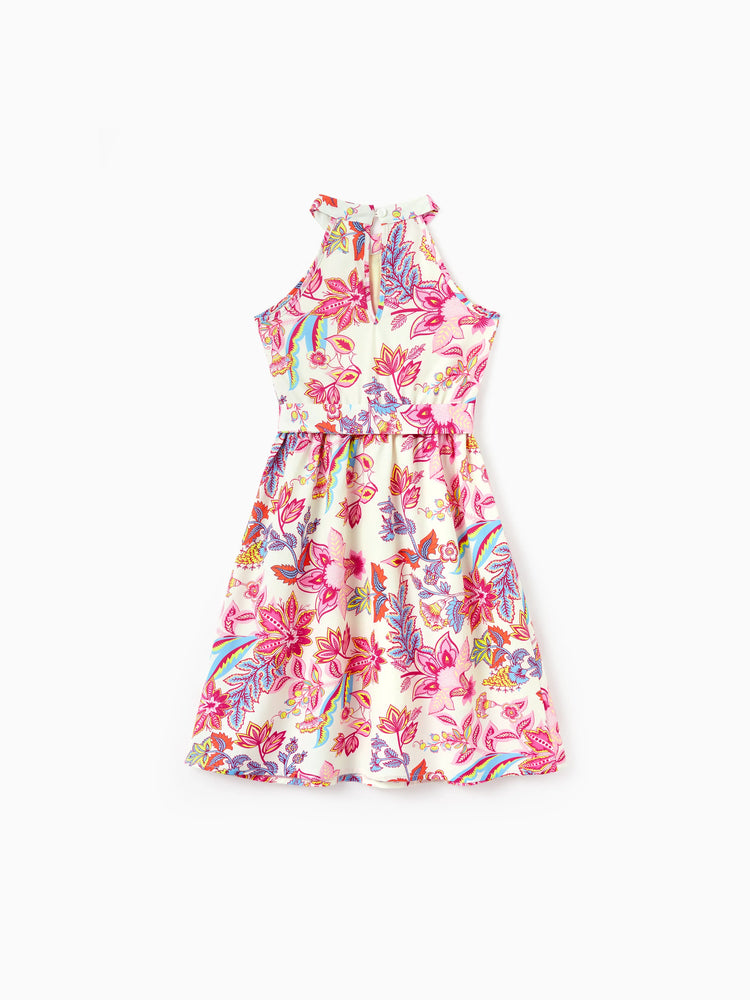 Family Matching Outfits Set Tropical Flora Print Short-sleeve Collar Shirt or Halter Belted Dress for Summer Vacation Beige