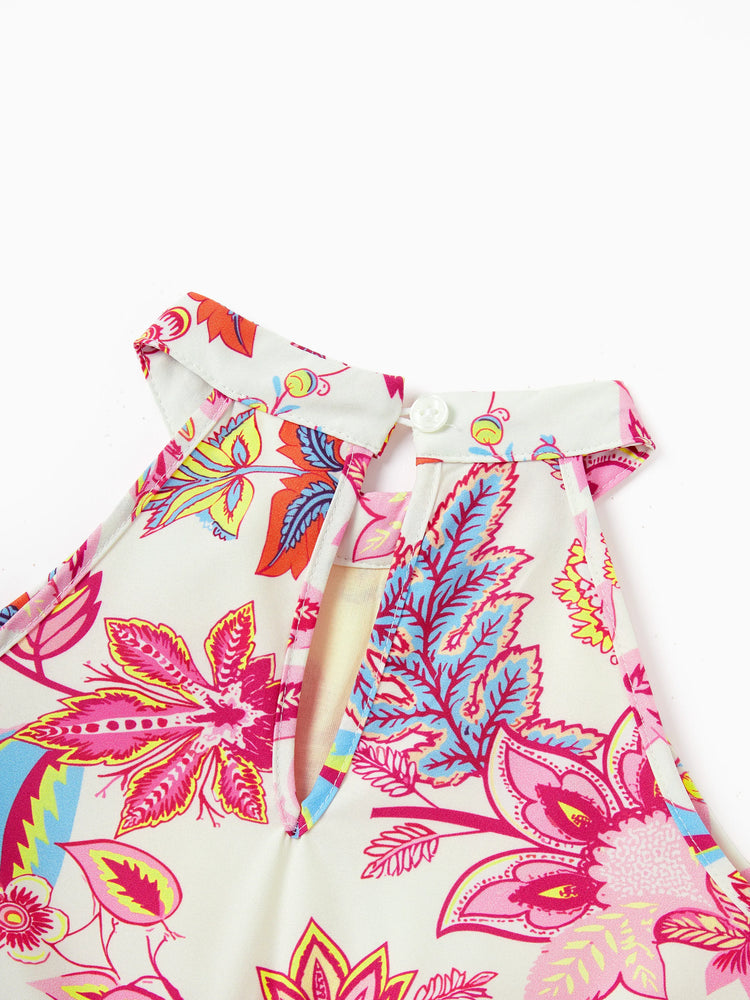 Family Matching Outfits Set Tropical Flora Print Short-sleeve Collar Shirt or Halter Belted Dress for Summer Vacation Beige