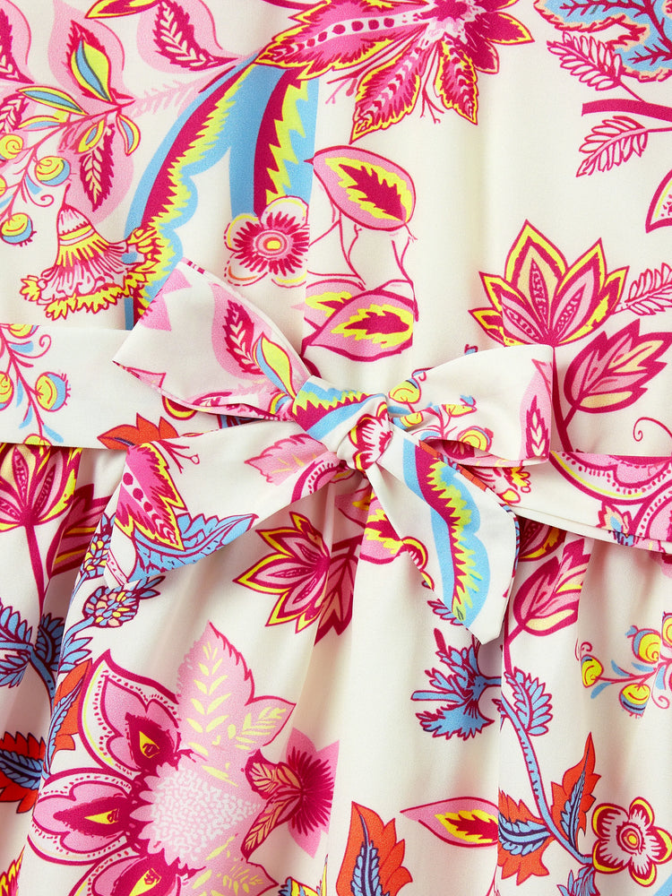 Family Matching Outfits Set Tropical Flora Print Short-sleeve Collar Shirt or Halter Belted Dress for Summer Vacation Beige