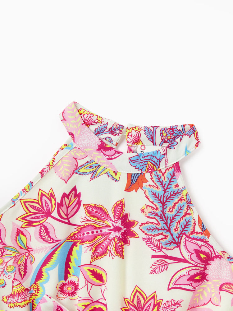 Family Matching Outfits Set Tropical Flora Print Short-sleeve Collar Shirt or Halter Belted Dress for Summer Vacation Beige