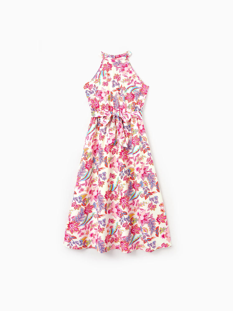 Family Matching Outfits Set Tropical Flora Print Short-sleeve Collar Shirt or Halter Belted Dress for Summer Vacation Beige