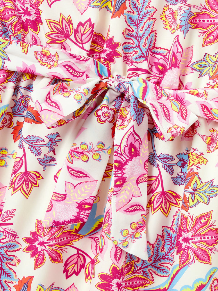 Family Matching Outfits Set Tropical Flora Print Short-sleeve Collar Shirt or Halter Belted Dress for Summer Vacation Beige