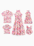 Family Matching Outfits Set Tropical Flora Print Short-sleeve Collar Shirt or Halter Belted Dress for Summer Vacation Beige
