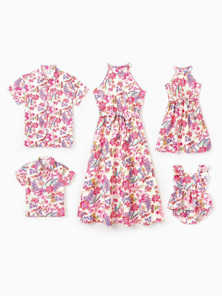 Family Matching Outfits Set Tropical Flora Print Short-sleeve Collar Shirt or Halter Belted Dress for Summer Vacation Beige