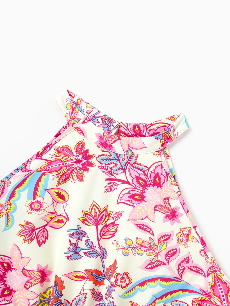 Family Matching Outfits Set Tropical Flora Print Short-sleeve Collar Shirt or Halter Belted Dress for Summer Vacation Beige