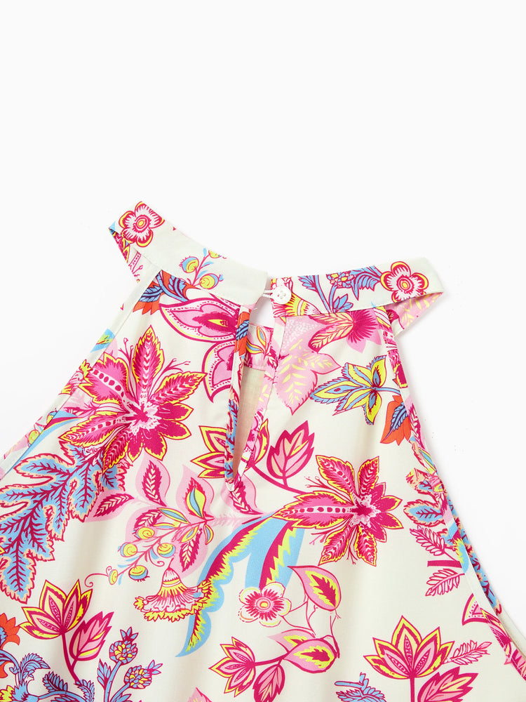 Family Matching Outfits Set Tropical Flora Print Short-sleeve Collar Shirt or Halter Belted Dress for Summer Vacation Beige