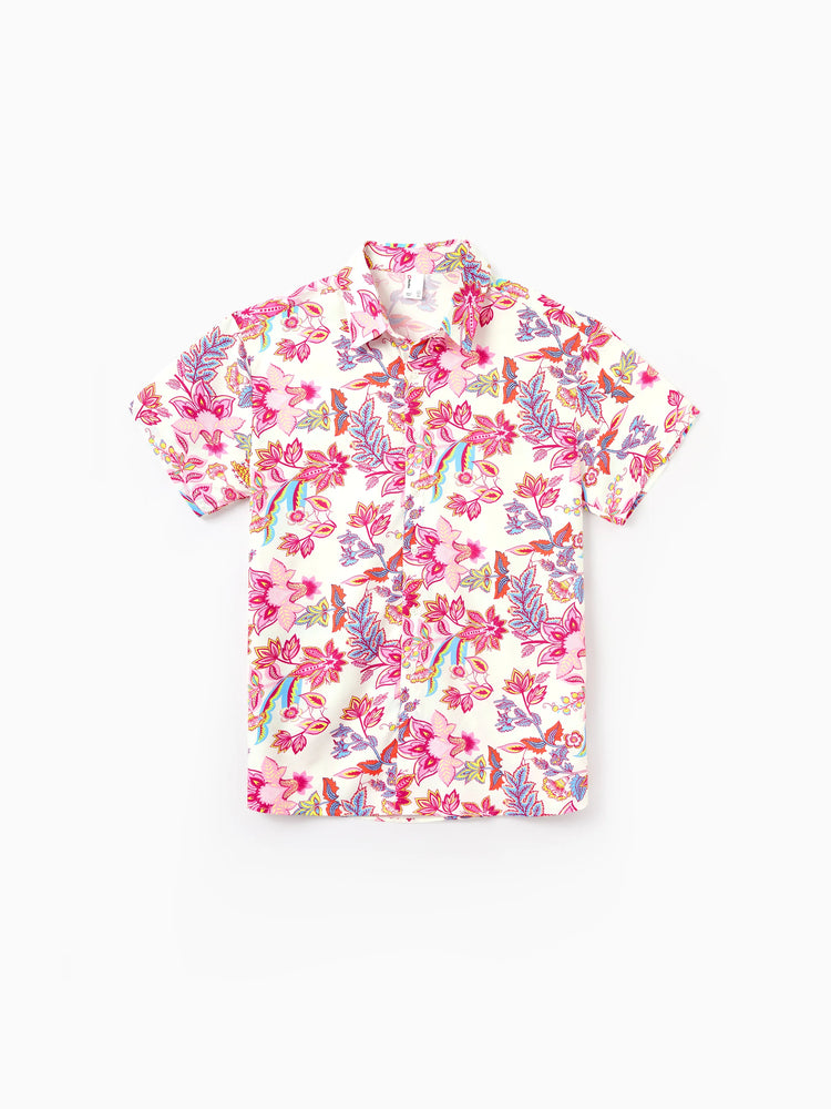 Daddy & Son Outfits Set Tropical Flora Print Short-sleeve Collar Shirt or Halter Belted Dress for Summer Vacation Beige